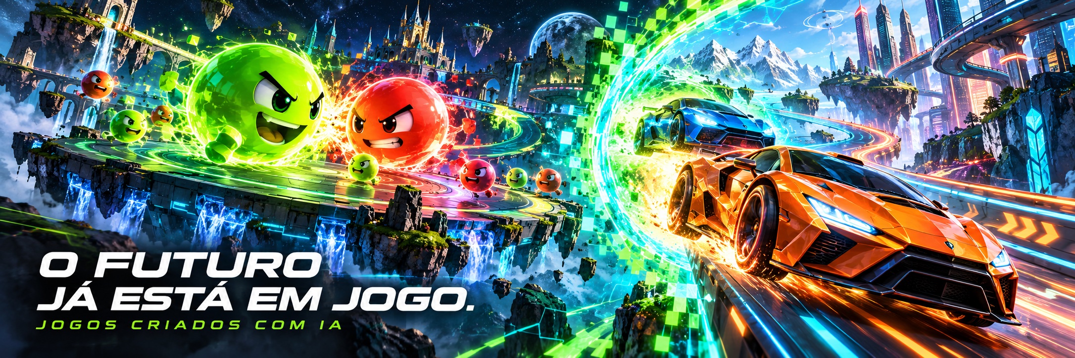 Uma arena de esferas neon e carros de corrida atravessam um portal futurista. O futuro já está em jogo. Jogos criados com IA.